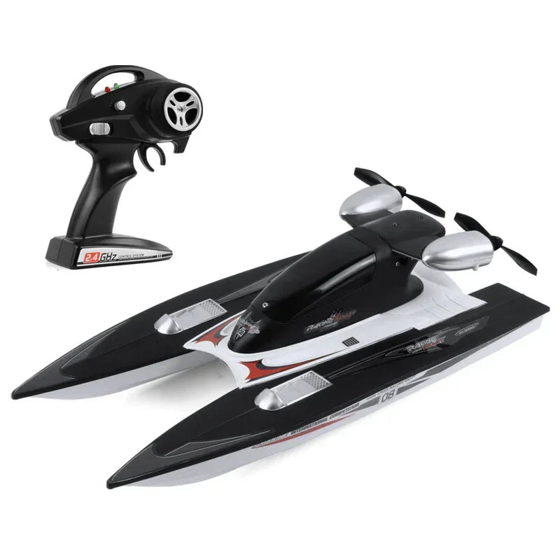 Black and white remote control racing boat with dual propellers and 2.4Ghz controller