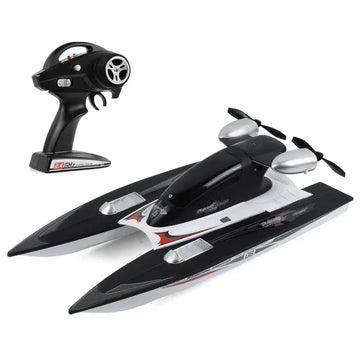 Black and white remote control racing boat with dual propellers and 2.4Ghz controller