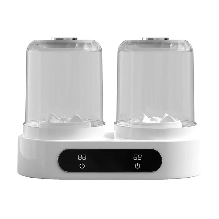 White dual automatic pet feeder with clear plastic covers and digital display