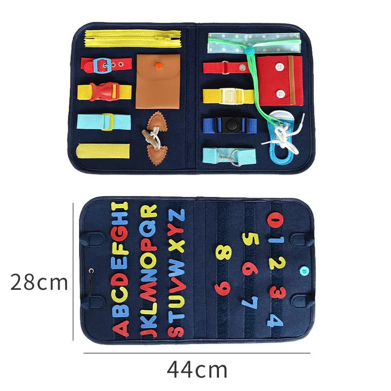 Colorful felt busy board with buckles, zippers, buttons, and learning numbers and alphabet.