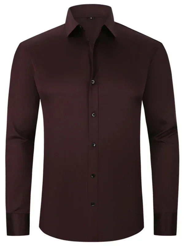 Slim fit long sleeve burgundy dress shirt, button-up, smooth fabric, modern style