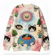 Oversized pastel tie-dye sweatshirt with embroidered cats, skulls, stars, and nature motifs