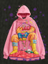 Pink oversized hoodie with bold colorful graphic of a seated figure, detailed streetwear style