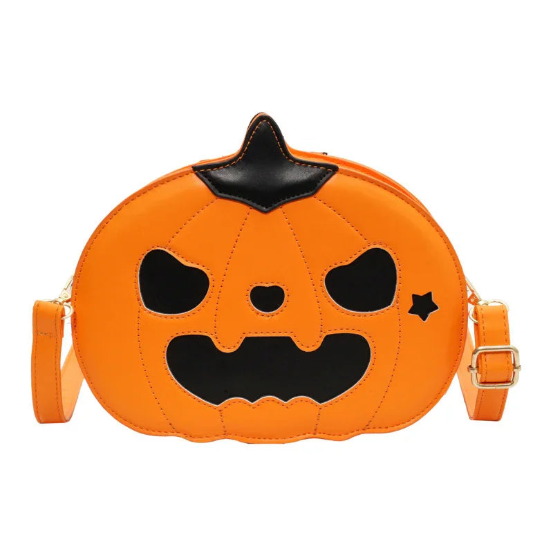 Orange faux leather crossbody bag shaped like a pumpkin with black Halloween face design