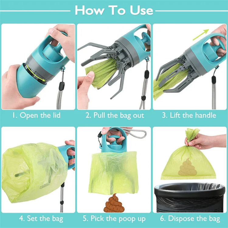 Step-by-step guide for using a portable pet waste scooper with green disposable bag.