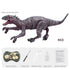 Realistic red electronic dinosaur toy with textured body, spray sound light features, and accessories.