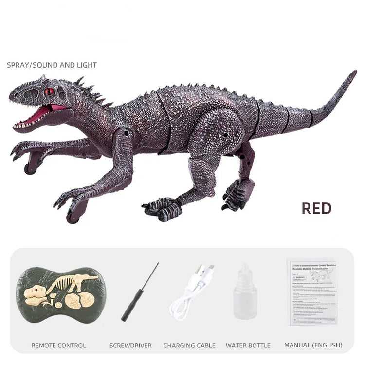 Realistic red electronic dinosaur toy with textured body, spray sound light features, and accessories.