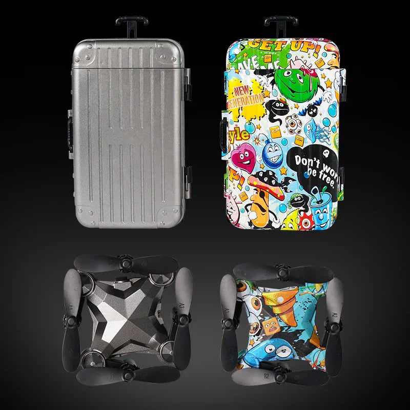 Compact foldable drone with two hard shell cases, one metallic silver and one colorful cartoon design.