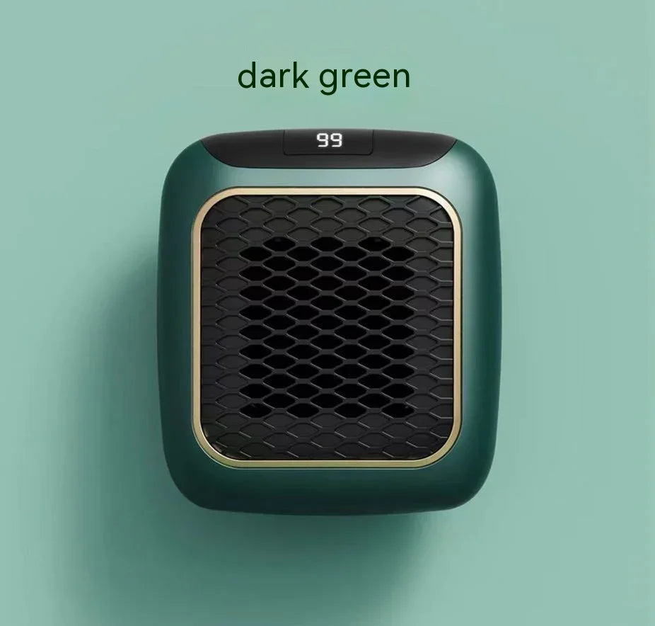 Dark green electric heater with black mesh front and digital display on top