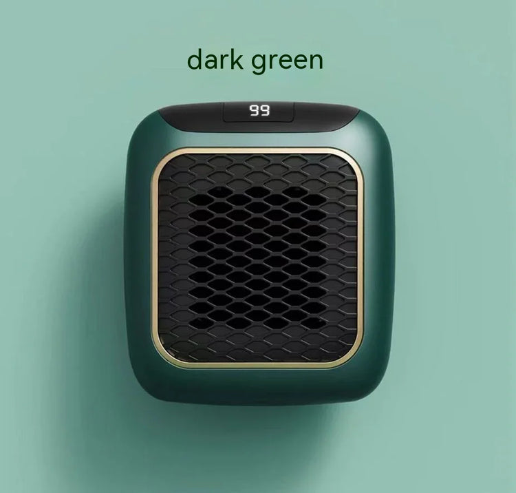 Dark green compact portable heater with black mesh front and digital display, modern design