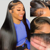 Woman wearing sleek, straight black lace front wig with natural hairline and baby hairs.