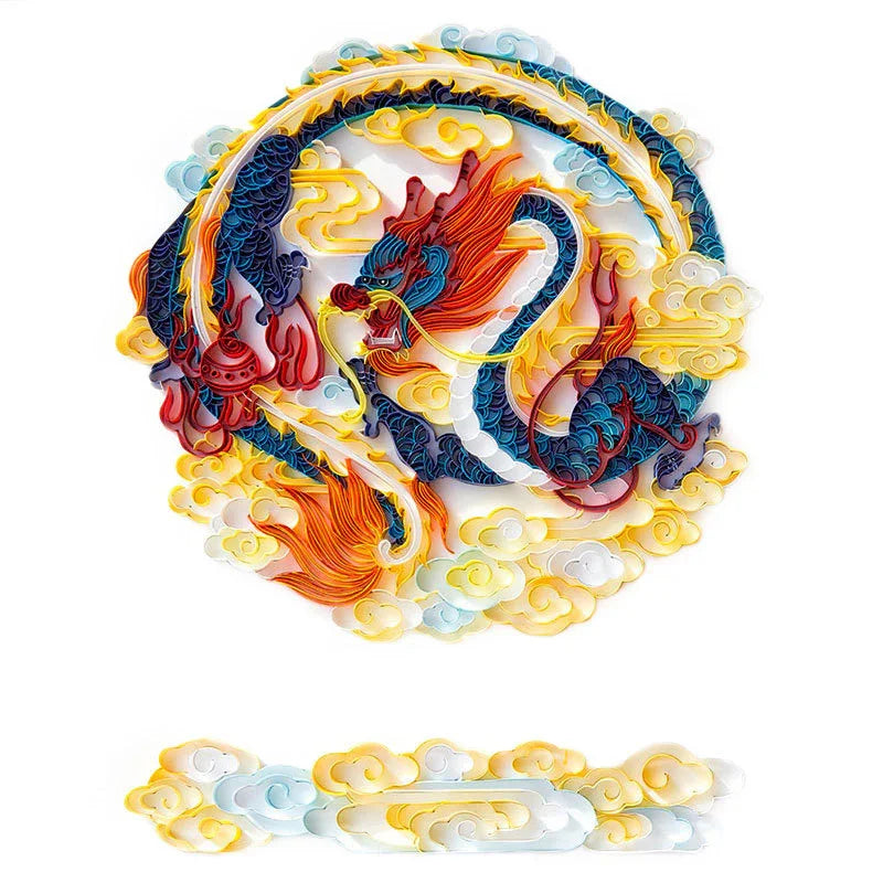 Vibrant 3D wall art featuring a blue and red dragon amid swirling yellow and white clouds.