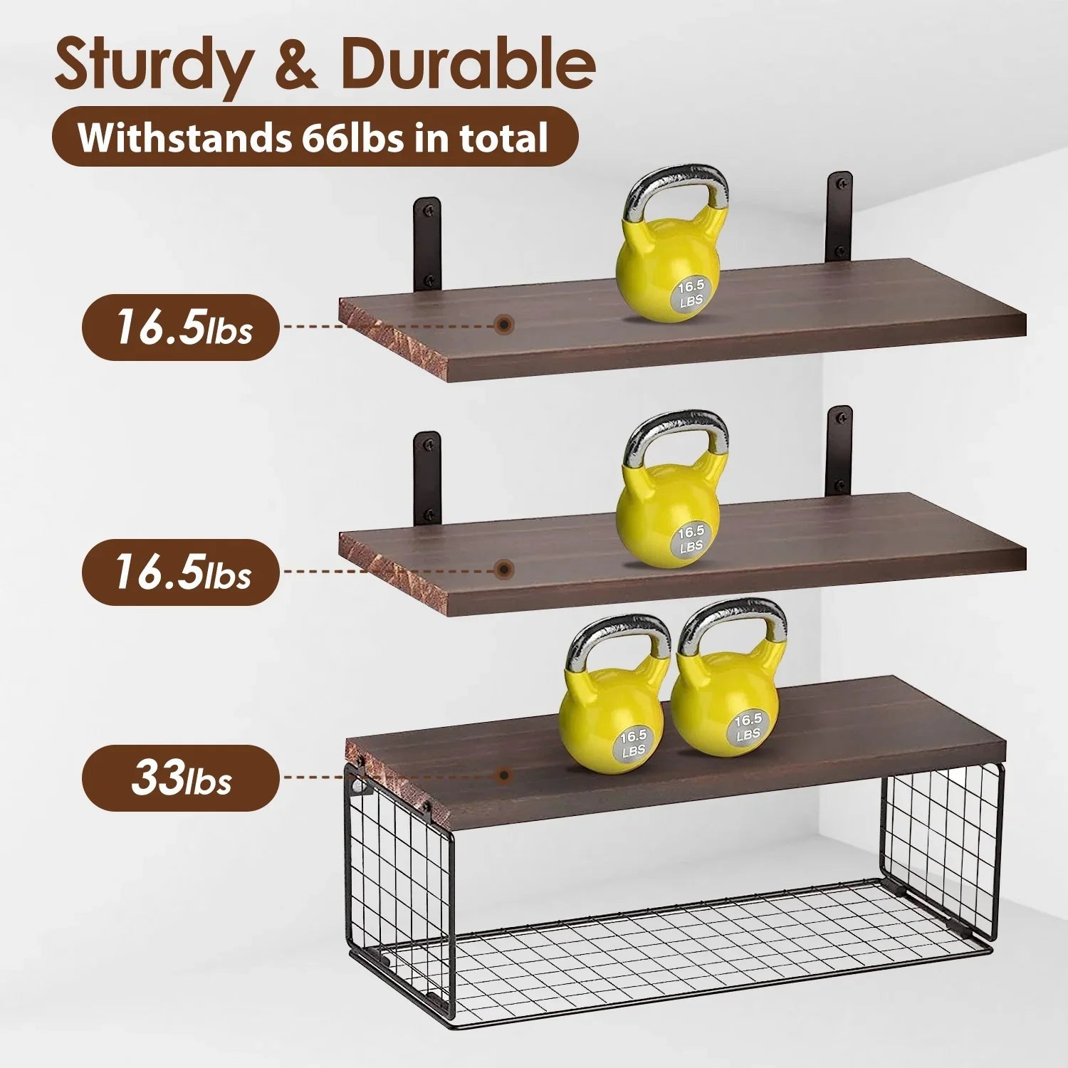 Set of three dark wood floating shelves with metal brackets, shown supporting yellow kettlebells, total weight capacity labeled at 66 lbs.