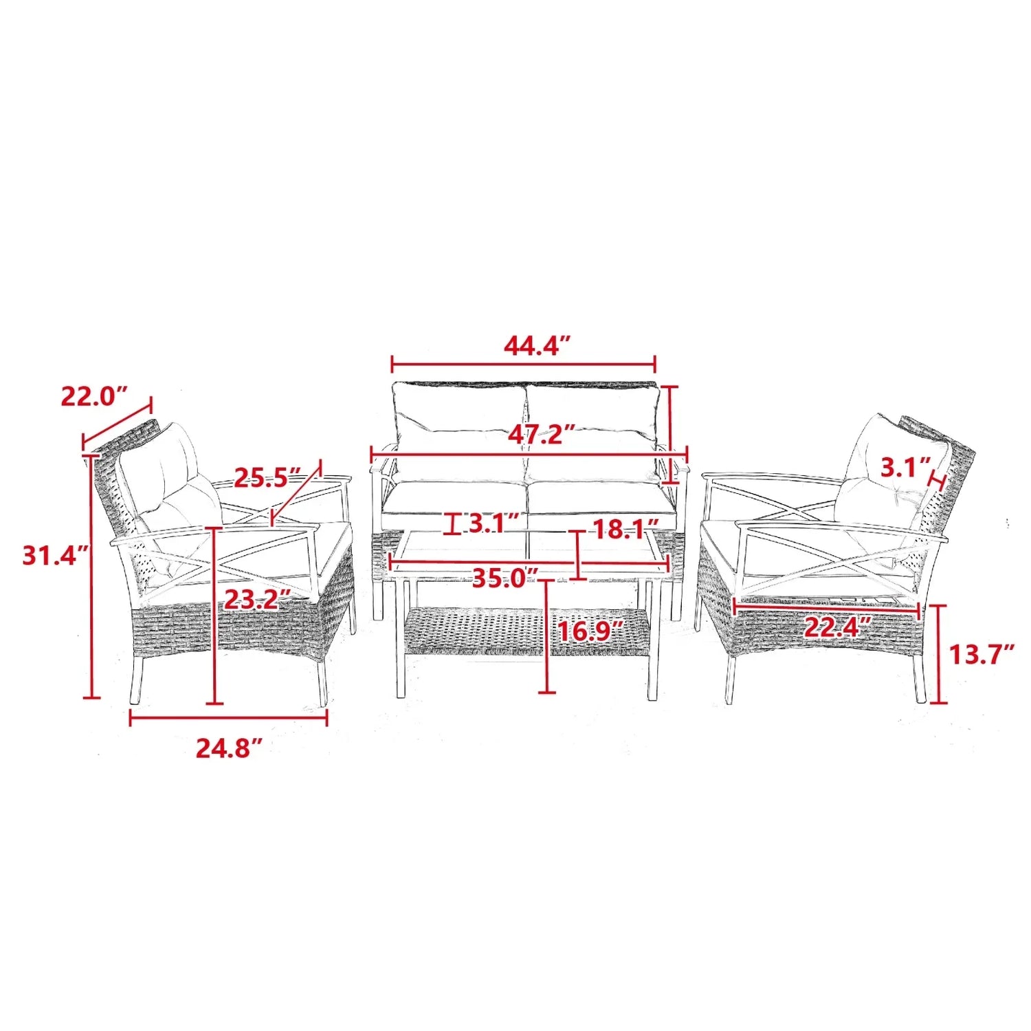 Rattan patio furniture set with cushions, includes sofa, chairs and coffee table, labeled with detailed measurements.
