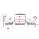Rattan patio furniture set with cushions, includes sofa, chairs and coffee table, labeled with detailed measurements.