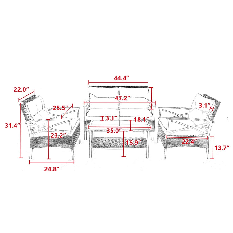 Rattan patio furniture set with cushions, includes sofa, chairs and coffee table, labeled with detailed measurements.