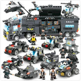Black tactical toy building blocks set featuring SWAT truck, helicopter, police cars, and figures.