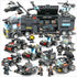 Black tactical toy building blocks set featuring SWAT truck, helicopter, police cars, and figures.