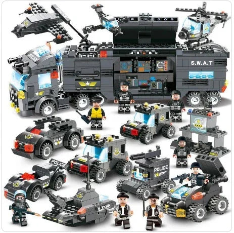 Black tactical toy building blocks set featuring SWAT truck, helicopter, police cars, and figures.