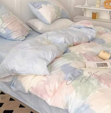 Pastel watercolor bedding set with soft cotton material and relaxed modern fit