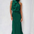 Sleeveless green satin halter dress with draped neckline and slim fit