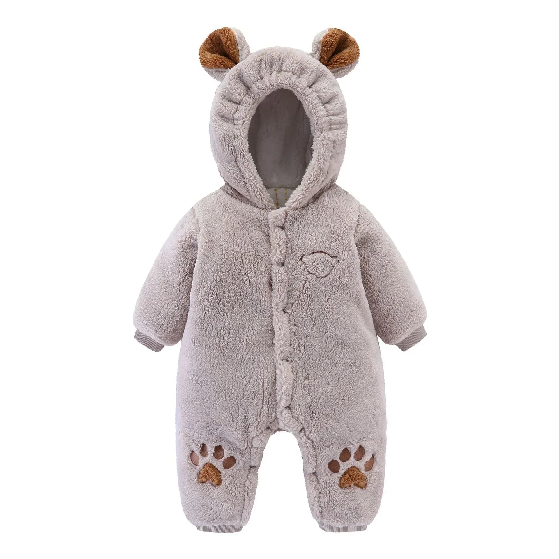 Plush beige baby jumpsuit with hood, bear ears, paw prints, and relaxed fit