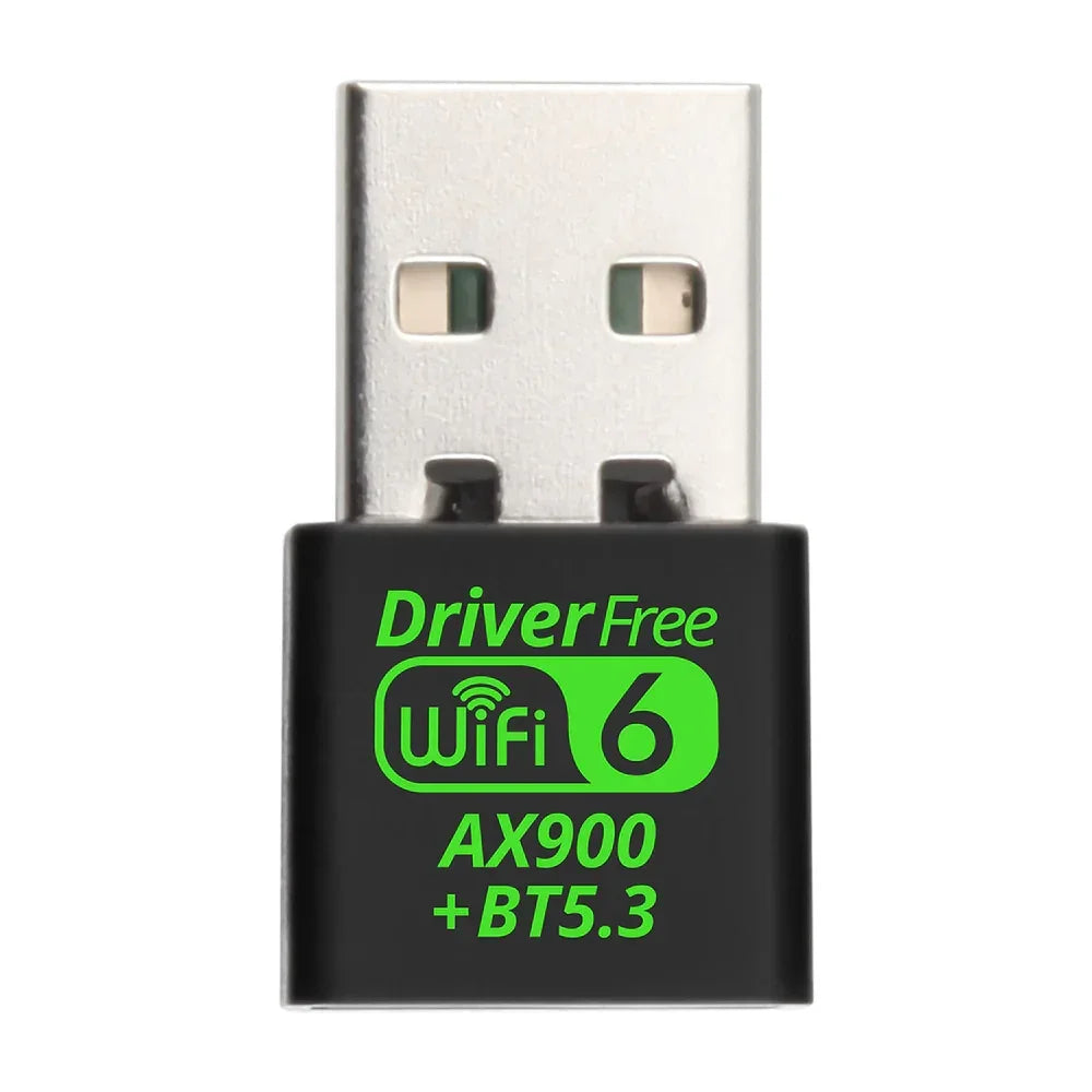 USB WiFi 6 and Bluetooth 5.3 adapter with black casing and green text for wireless connectivity