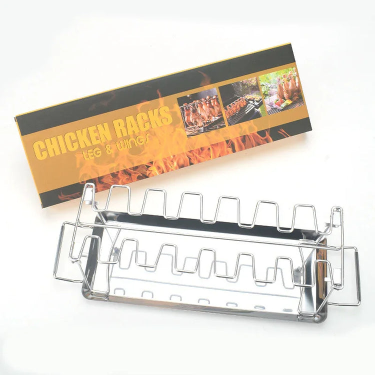 Metal chicken leg rack for grilling wings, includes drip tray and packaging, silver color.
