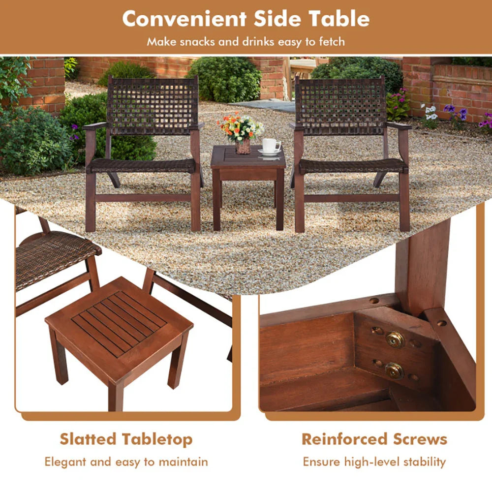 Outdoor wooden patio chairs and side table set with slatted tabletop and reinforced screws.