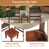 Outdoor wooden patio chairs and side table set with slatted tabletop and reinforced screws.
