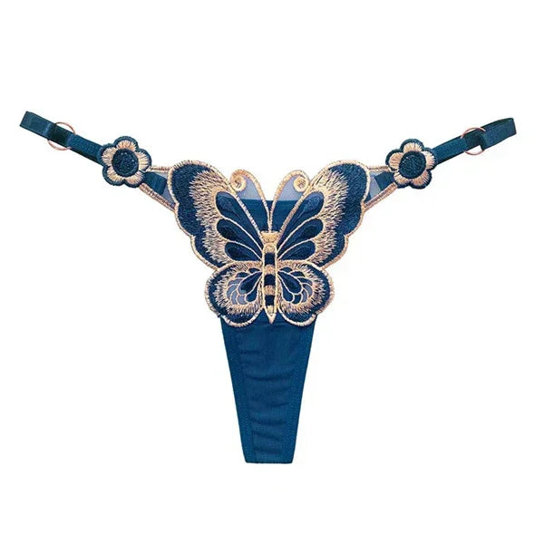 Blue lace thong with embroidered butterfly design and adjustable straps