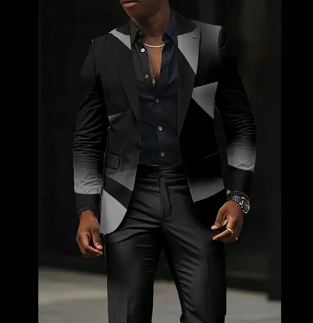 Man wearing a slim-fit black suit with geometric gray patterns and a black dress shirt
