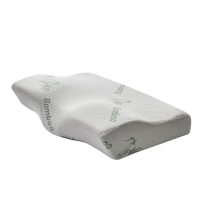 Ergonomic memory foam pillow with grey bamboo cover and contoured design for neck support
