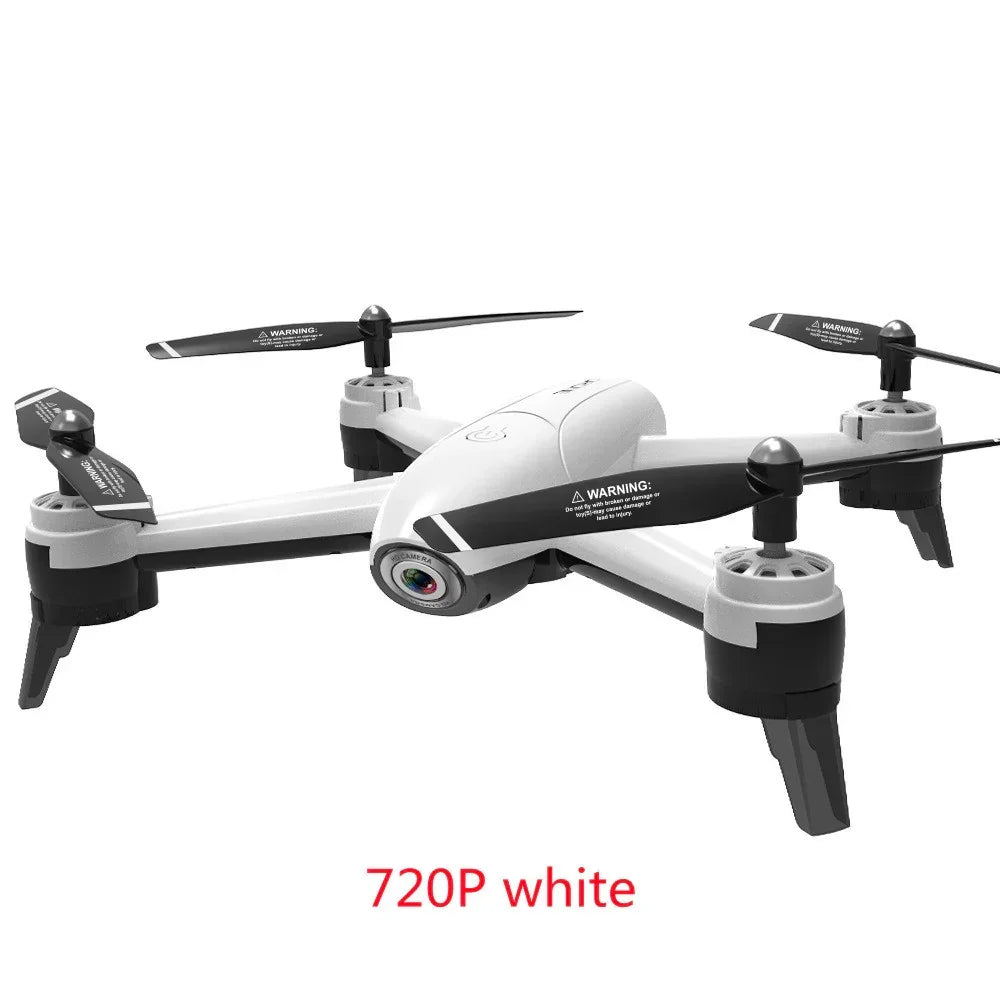 White quadcopter drone with 720P camera, black propellers, and modern aerodynamic design