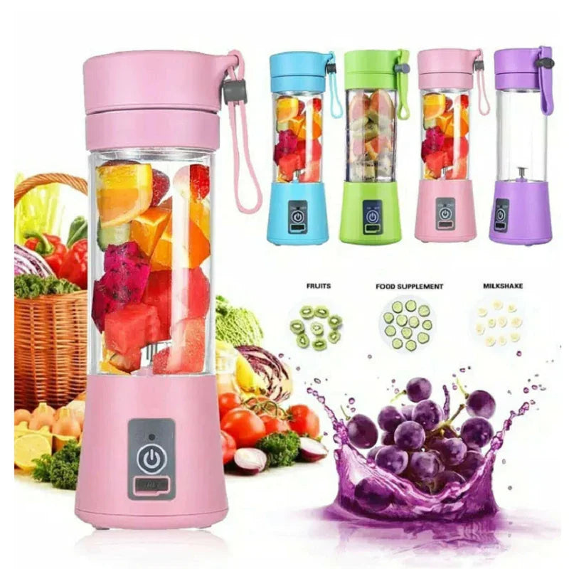 Colorful portable electric blenders with mixed fruit, featuring pink, blue, green, and purple designs.