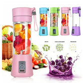 Colorful portable electric blenders with mixed fruit, featuring pink, blue, green, and purple designs.
