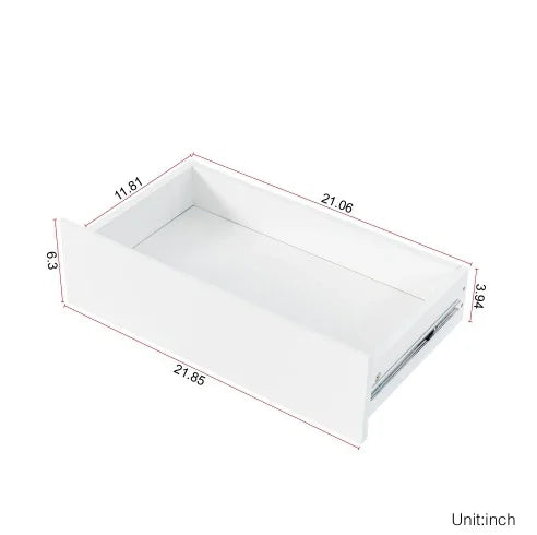 White rectangular drawer with metal sliding tracks and labeled dimensions in inches