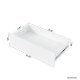 White rectangular drawer with metal sliding tracks and labeled dimensions in inches