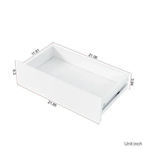 White rectangular drawer with metal sliding tracks and labeled dimensions in inches