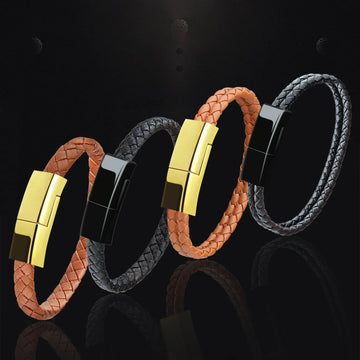 Braided leather bracelets with gold and black metal clasps in brown and black colors