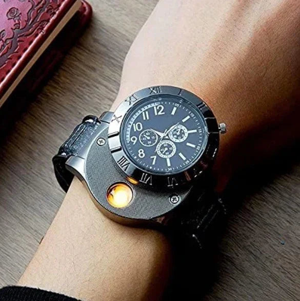 Futuristic black leather strap wristwatch with metal case and built-in lighter on wrist