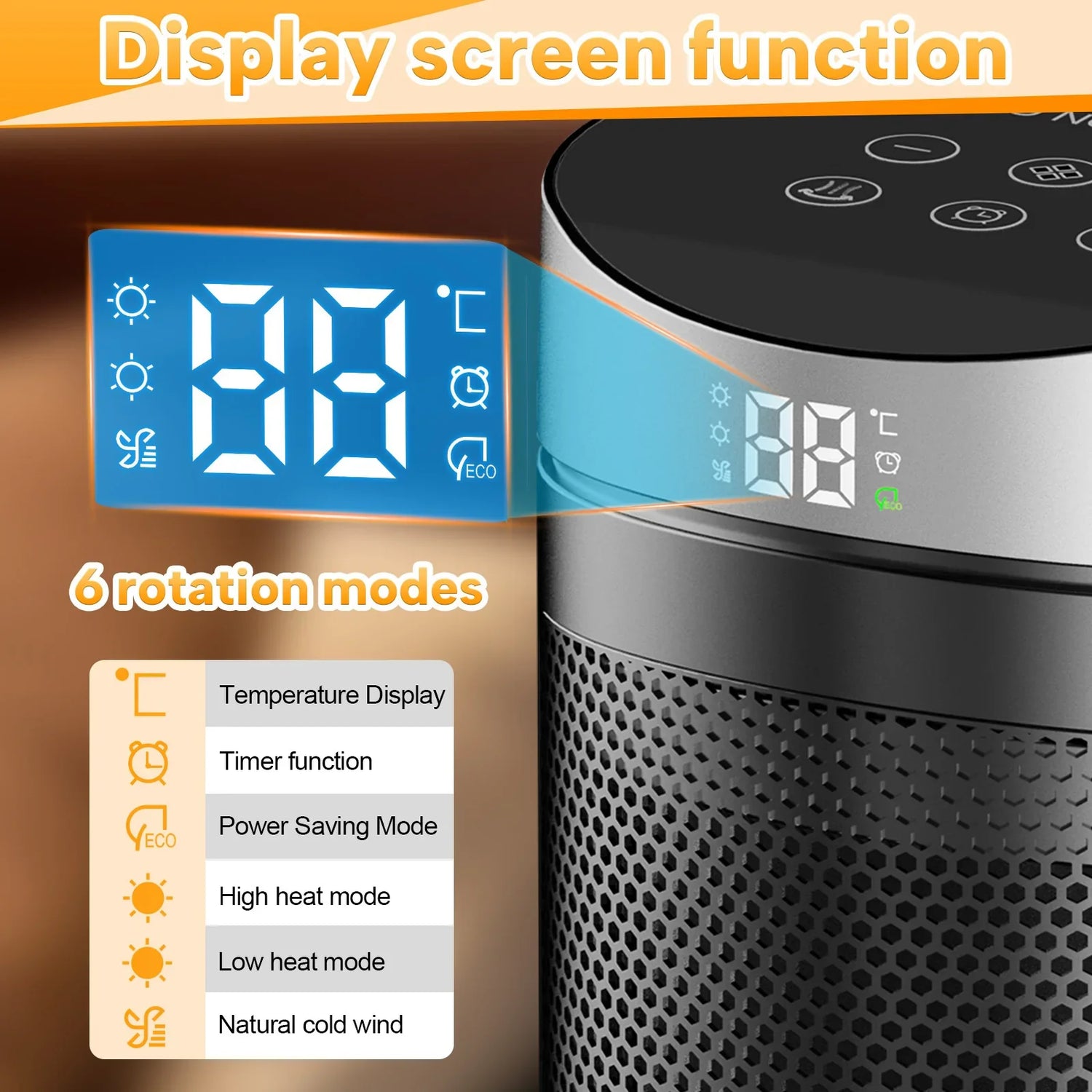 Black cylindrical heater with digital display showing temperature, mode icons, and control panel