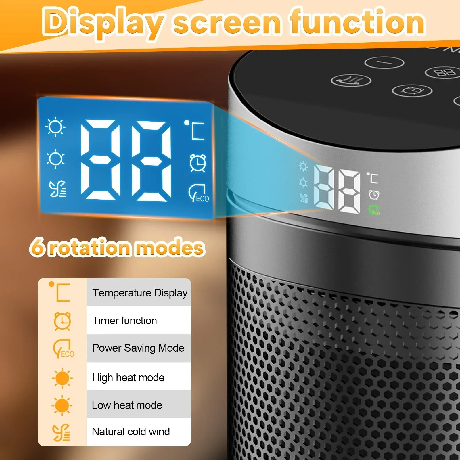 Black cylindrical heater with digital display showing temperature, mode icons, and control panel