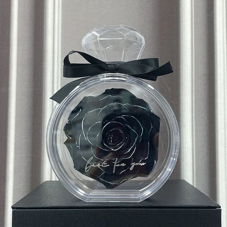 Black preserved rose in clear diamond-shaped case with black ribbon, modern gift decor