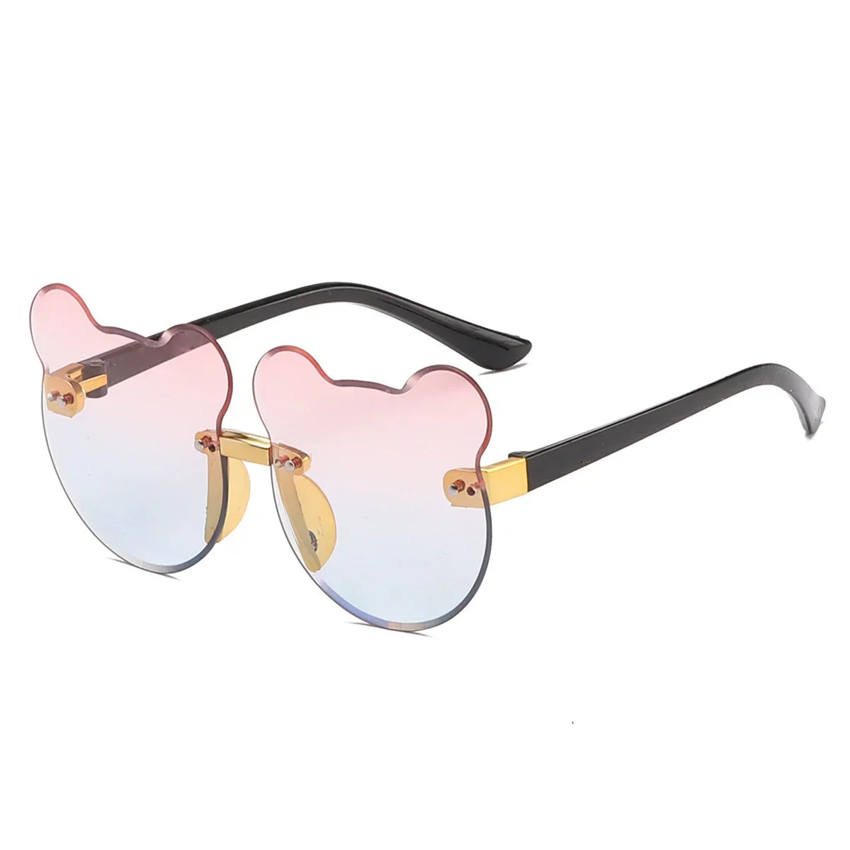 Bear-shaped gradient lens sunglasses with gold details and black arms, trendy streetwear accessory