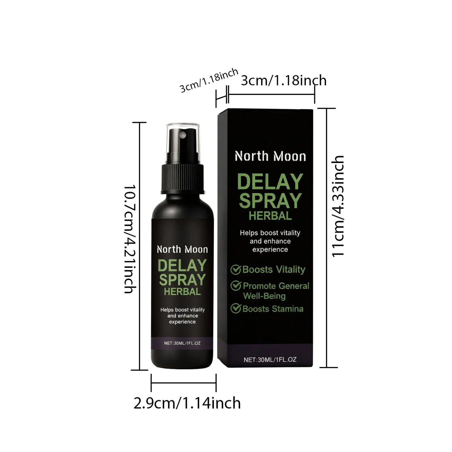 Black herbal spray bottle with matching box, green text, sleek matte finish, compact size