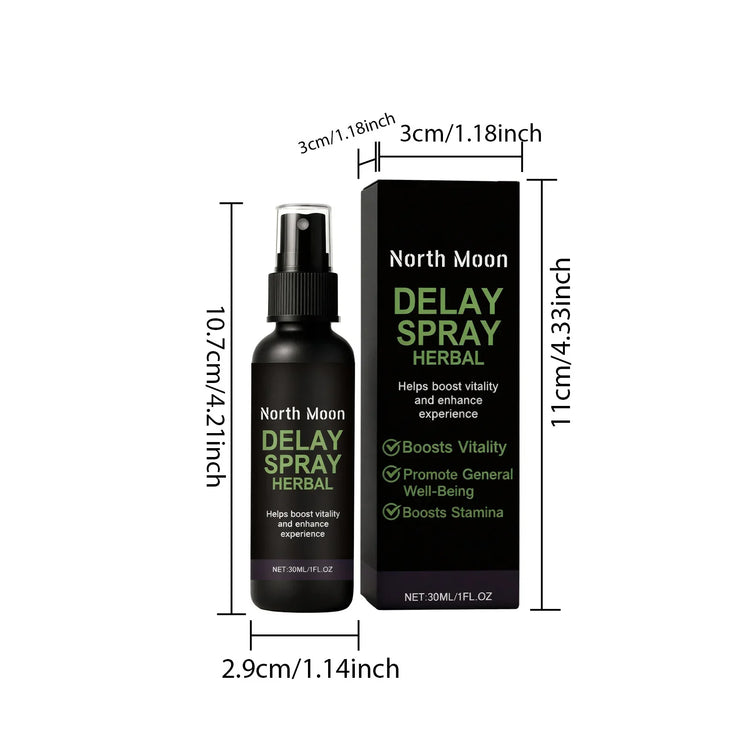 Black herbal spray bottle with matching box, green text, sleek matte finish, compact size