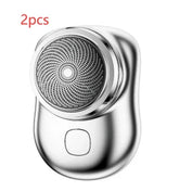 Sleek silver portable electric shaver with circular mesh blade and ergonomic fit, 2 pieces