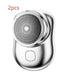 Sleek silver portable electric shaver with circular mesh blade and ergonomic fit, 2 pieces