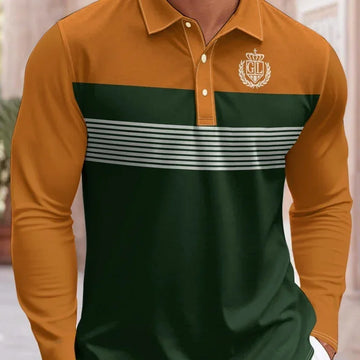 Men's long sleeve polo shirt, green and tan colorblock with white stripes, slim fit style